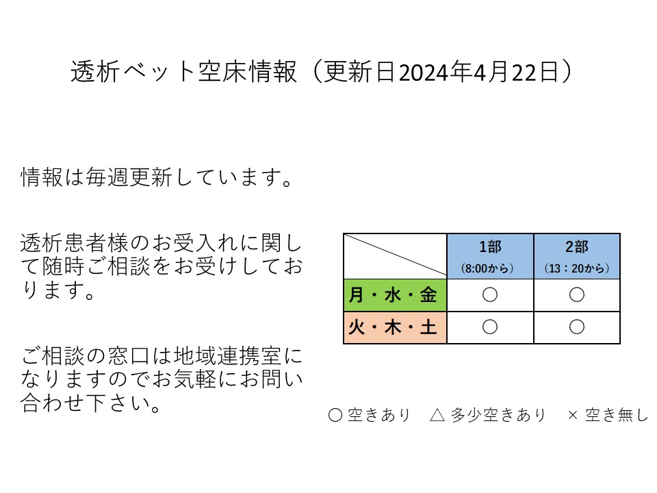 透析ベット空床情報（最新）/採用情報を更新しました（外来看護師